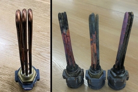 Inspection showed that some of the diesel engine’s water heating coils, at right, were severely corroded. An uncorroded coil is shown at left.