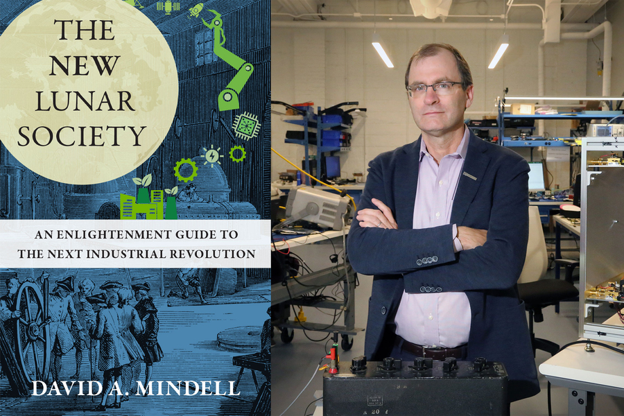 On left, the cover of the book, “The New Lunar Society” by David A. Mindell with a 19th century illustration. On right, a portrait of Mindell.